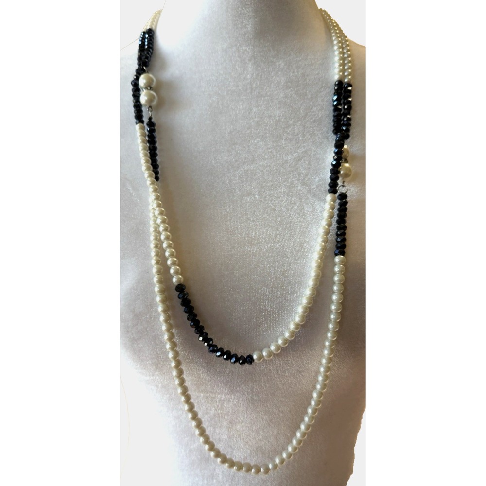 Black Faceted Bead Faux Pearl Long Necklace Asymmetrical Multi Strand 36" Evenin